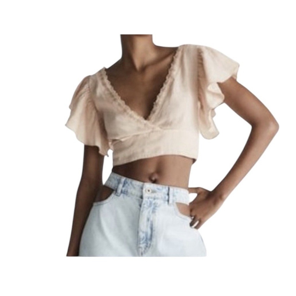 Zara Top Women Medium 100% Linen Short Sleeve Cropped Coquette Stretch New
